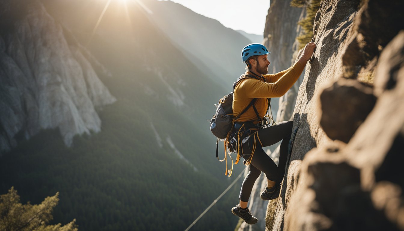 A climber ascends a steep rock face, securing themselves with ropes and harnesses. They carefully select hand and foot holds, using chalk to maintain grip. The sun shines down on the rugged terrain below