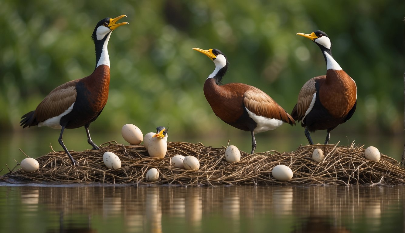 A group of jacanas gather around a central nesting site, with multiple males tending to the eggs while the female moves between them, asserting her dominance