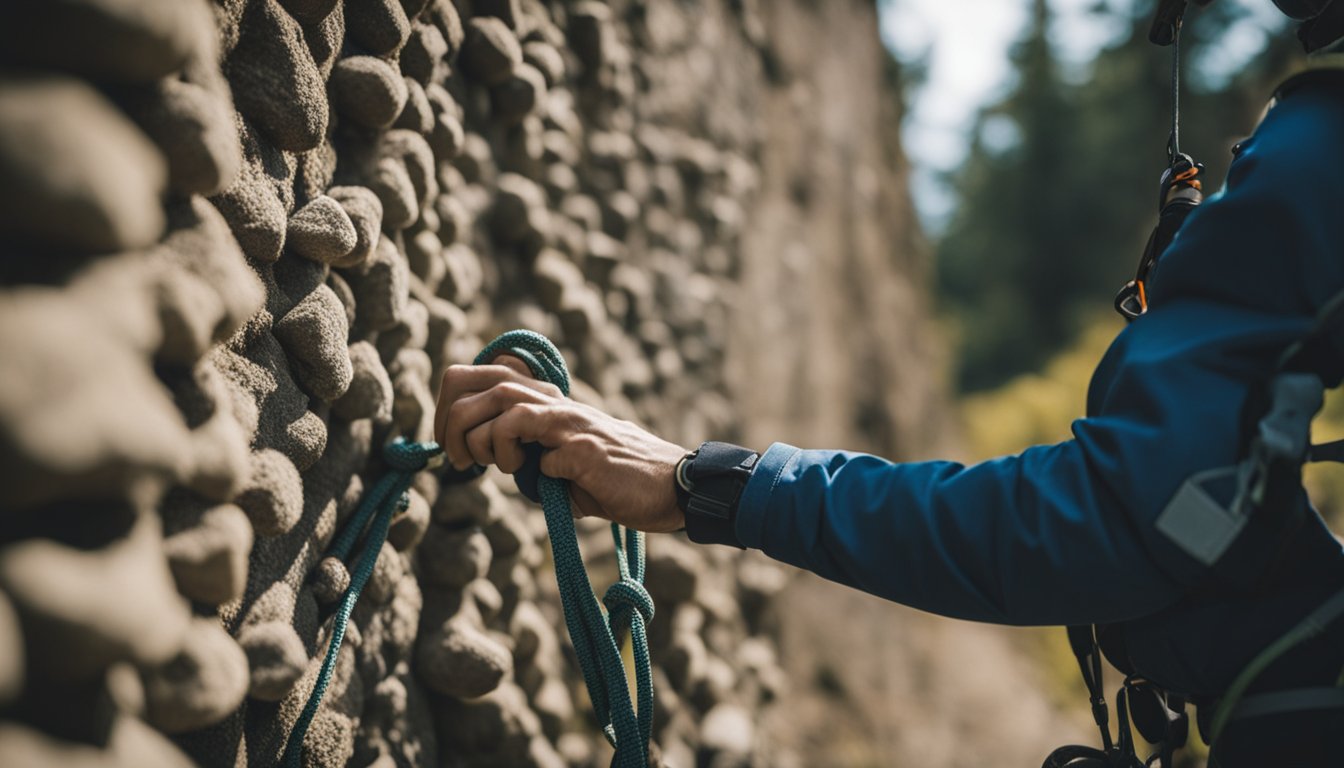 A climber gathers gear, checks knots, and inspects the wall for safety