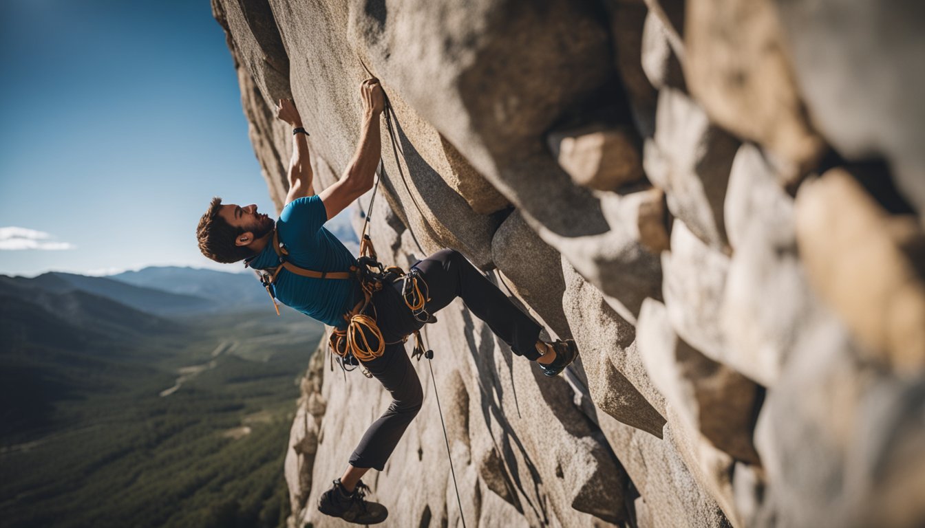 A climber grips a rock wall, using proper foot placement and handholds. They demonstrate balance and strength as they ascend the challenging route