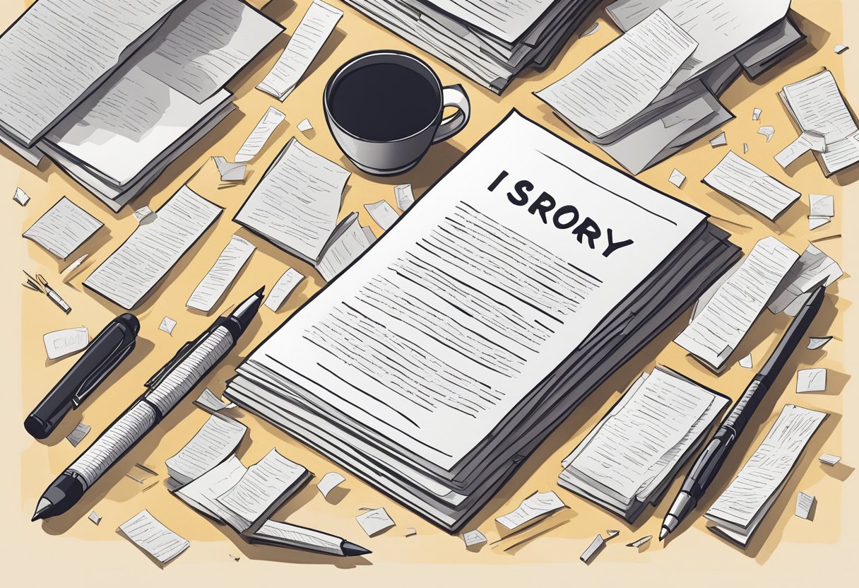 A stack of papers with quotes on them, scattered on a desk. A pen lies next to them, with a handwritten note saying "I'm sorry."