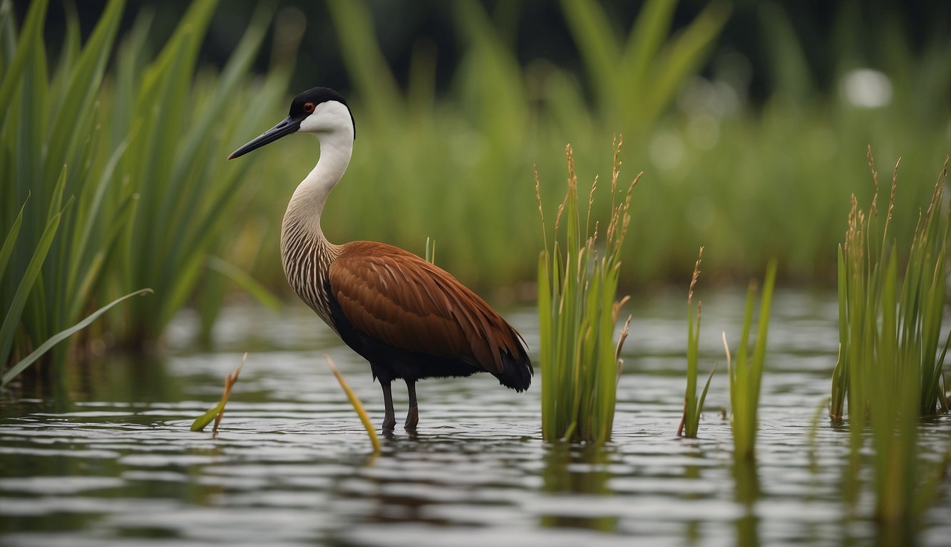 A lush wetland with tall grasses and lily pads.

A male jacana caring for chicks while females compete for mates