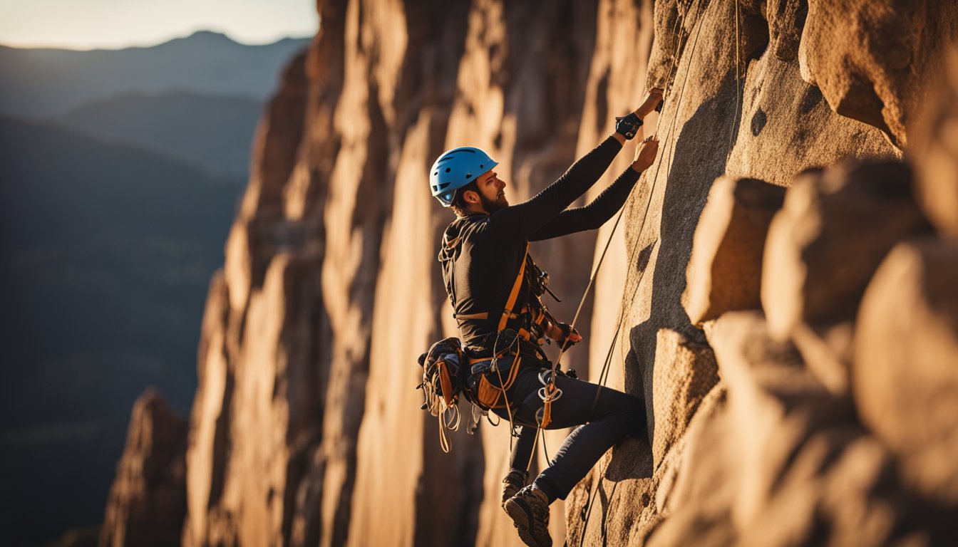 A climber scales a rugged rock face, using ropes and anchors to ascend. The sun sets in the background, casting warm hues over the jagged terrain