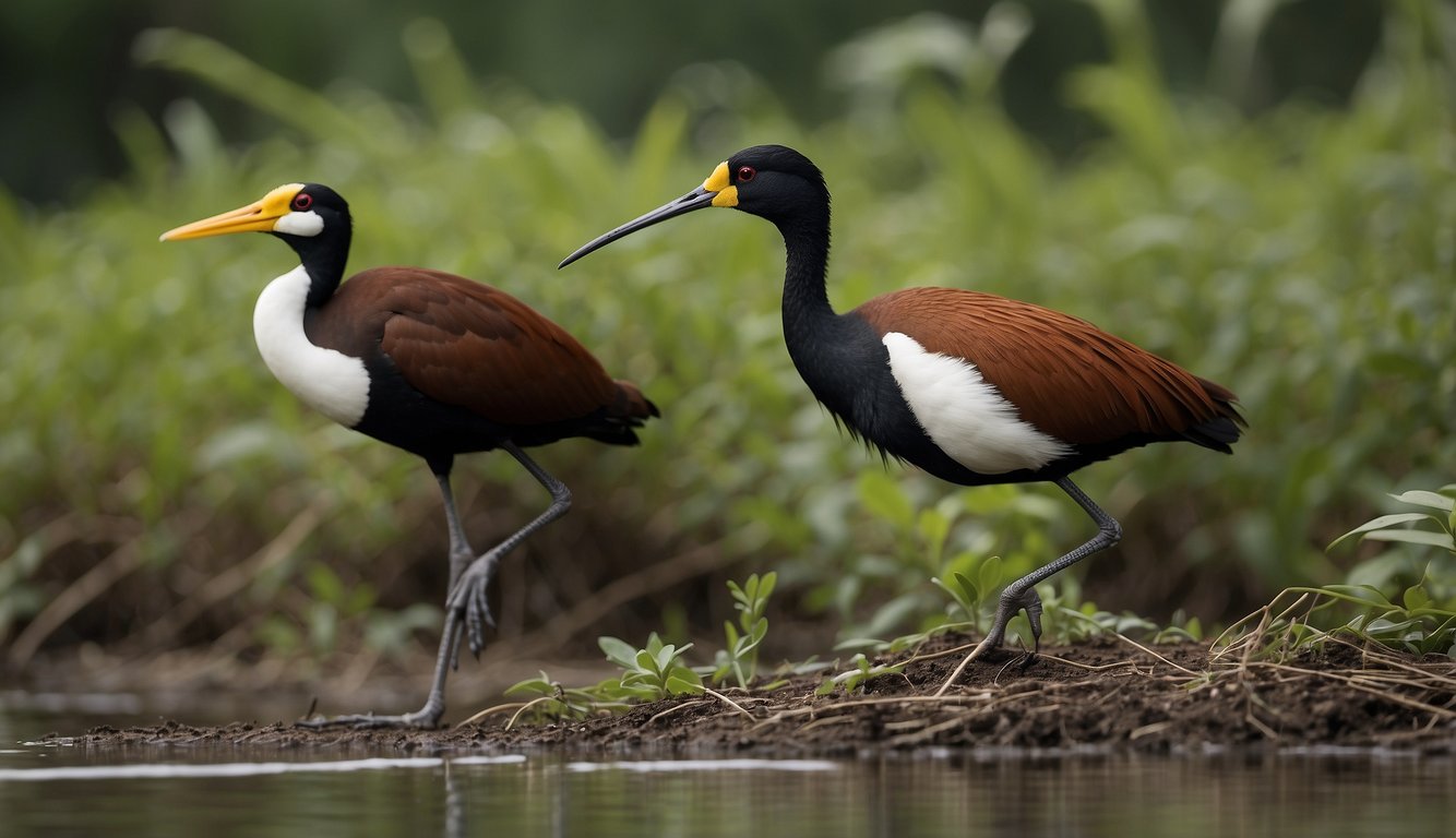 A polyandrous jacana defends her territory from rival females, while her multiple mates care for their shared nest and young