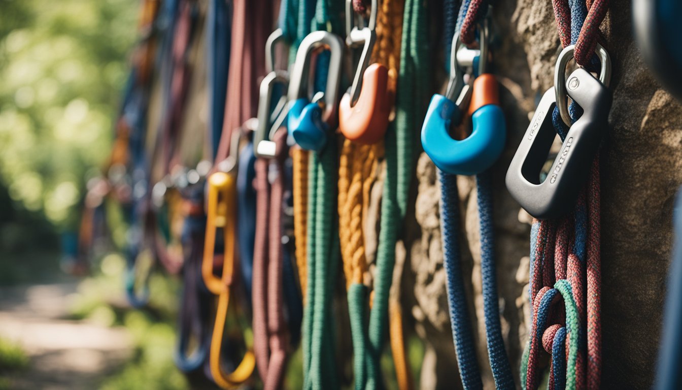 Ropes and harnesses lay on the ground, while colorful climbing holds are bolted to the rock wall. Chalk bags and carabiners hang from the harnesses