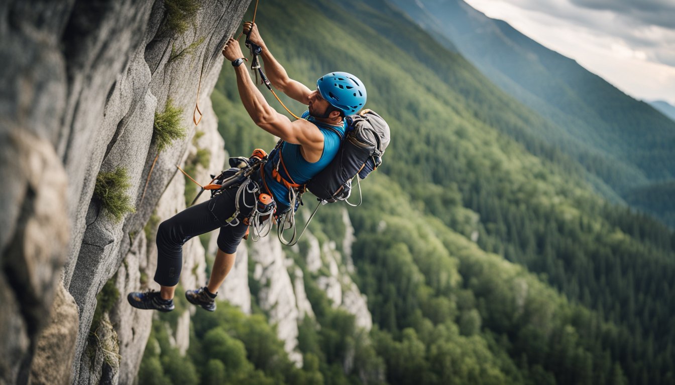 A climber scales a steep rock face, using specialized gear and techniques. The rugged terrain and challenging route showcase the diverse disciplines of rock climbing