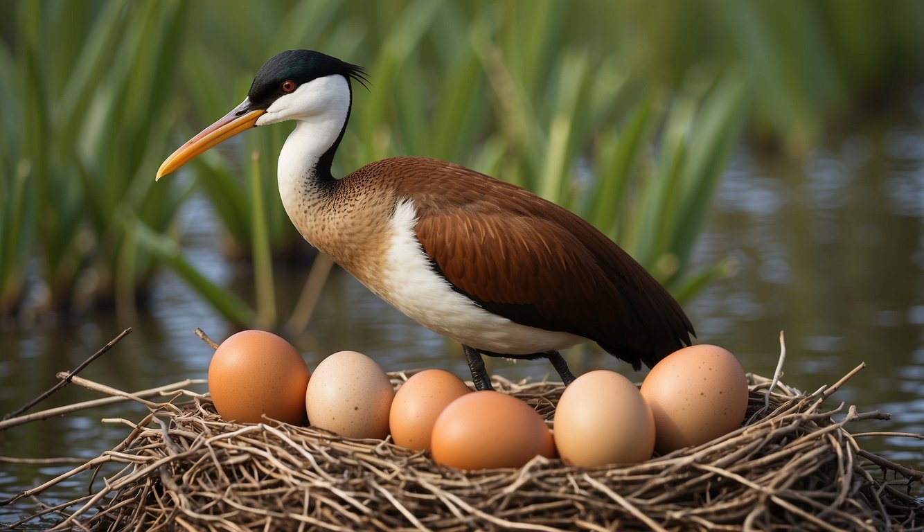 A female jacana surrounded by multiple male jacanas tending to their shared nest of eggs