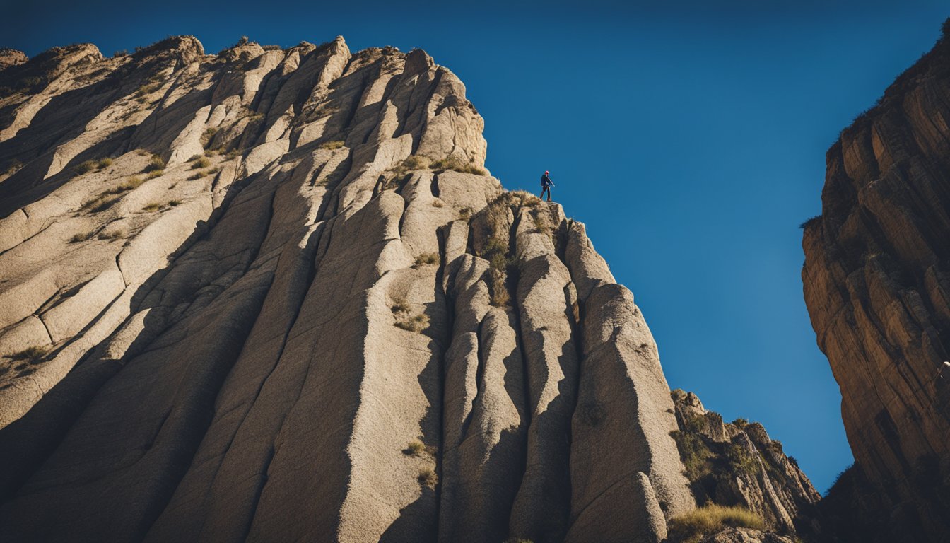 A lone figure scales a steep rock face, gripping the rough surface with determination. The jagged cliffs rise against a clear blue sky, creating a sense of solitude and adventure