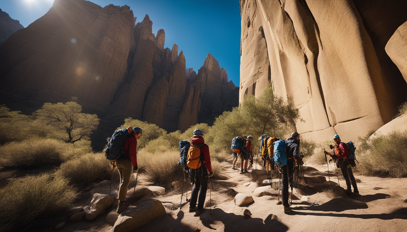 A group of climbers gather at the base of a towering rock formation, their gear strewn about as they prepare for the ascent. The sun casts long shadows across the rugged landscape, adding to the sense of adventure and challenge