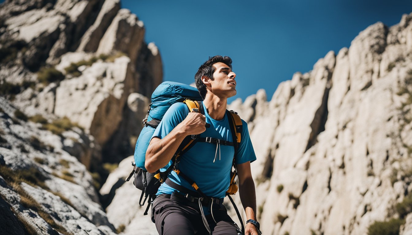 A climber reaches the summit, surrounded by rugged cliffs and a clear blue sky, feeling a sense of accomplishment and freedom