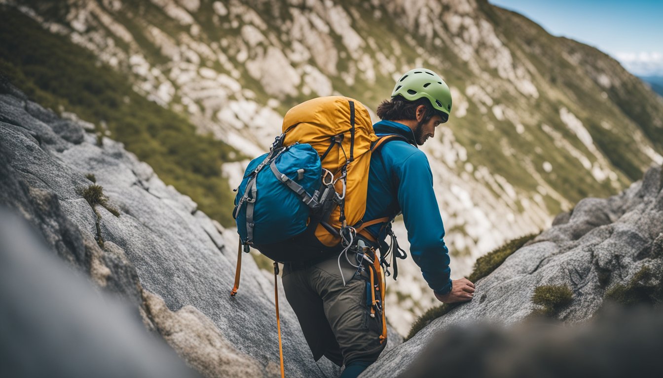 A lone climber scales a steep rock face, with a guidebook in hand, carefully navigating the challenging terrain