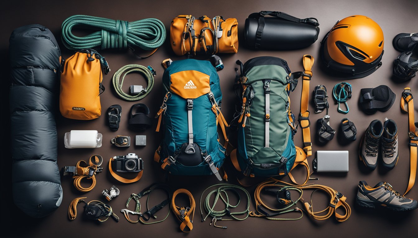 A solo climber's gear laid out: harness, carabiners, ropes, helmet, climbing shoes, and chalk bag