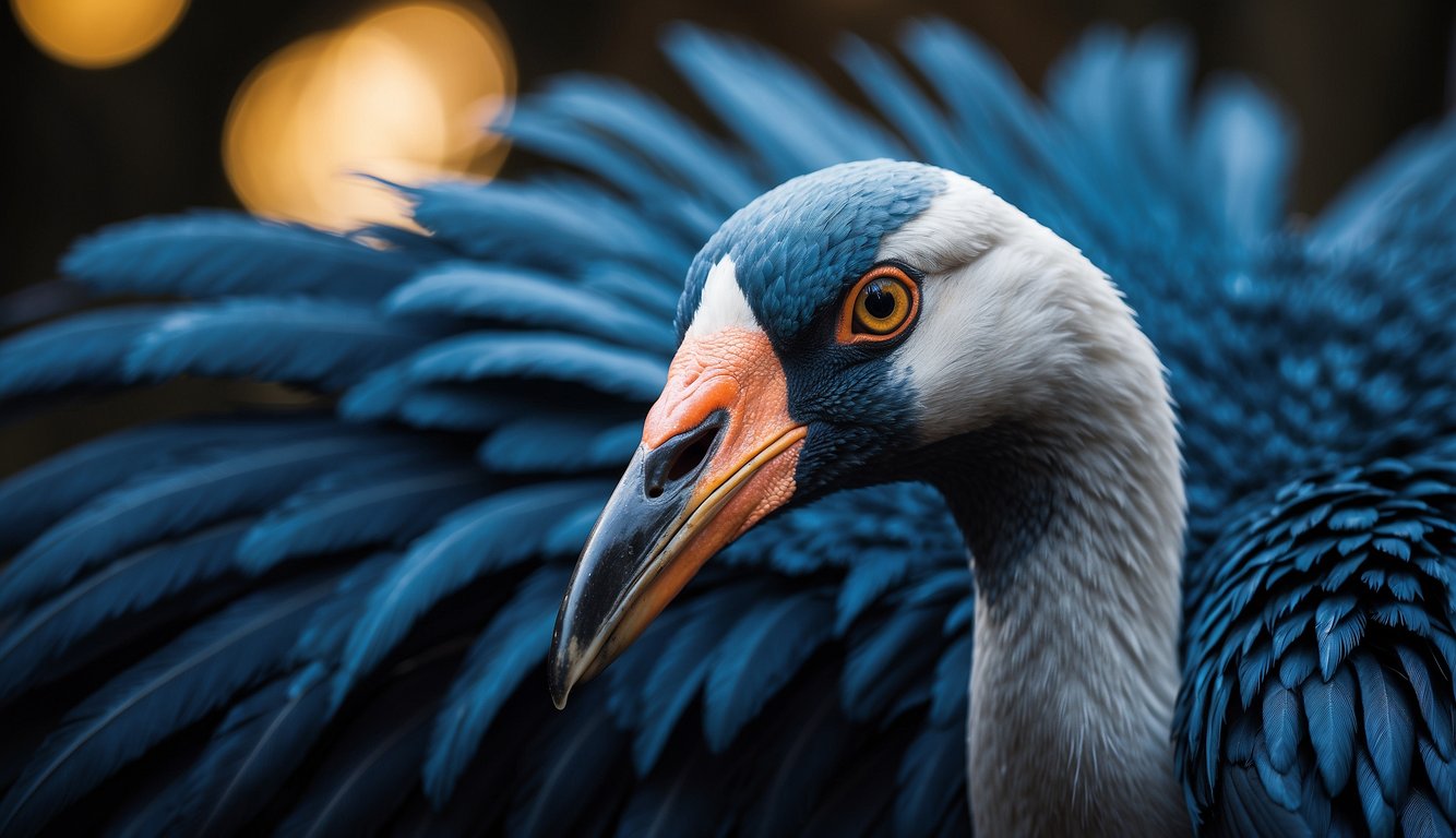 The electric-blue crane's feathers shimmer with a vibrant and iridescent glow, radiating an electrifying and eye-catching plumage