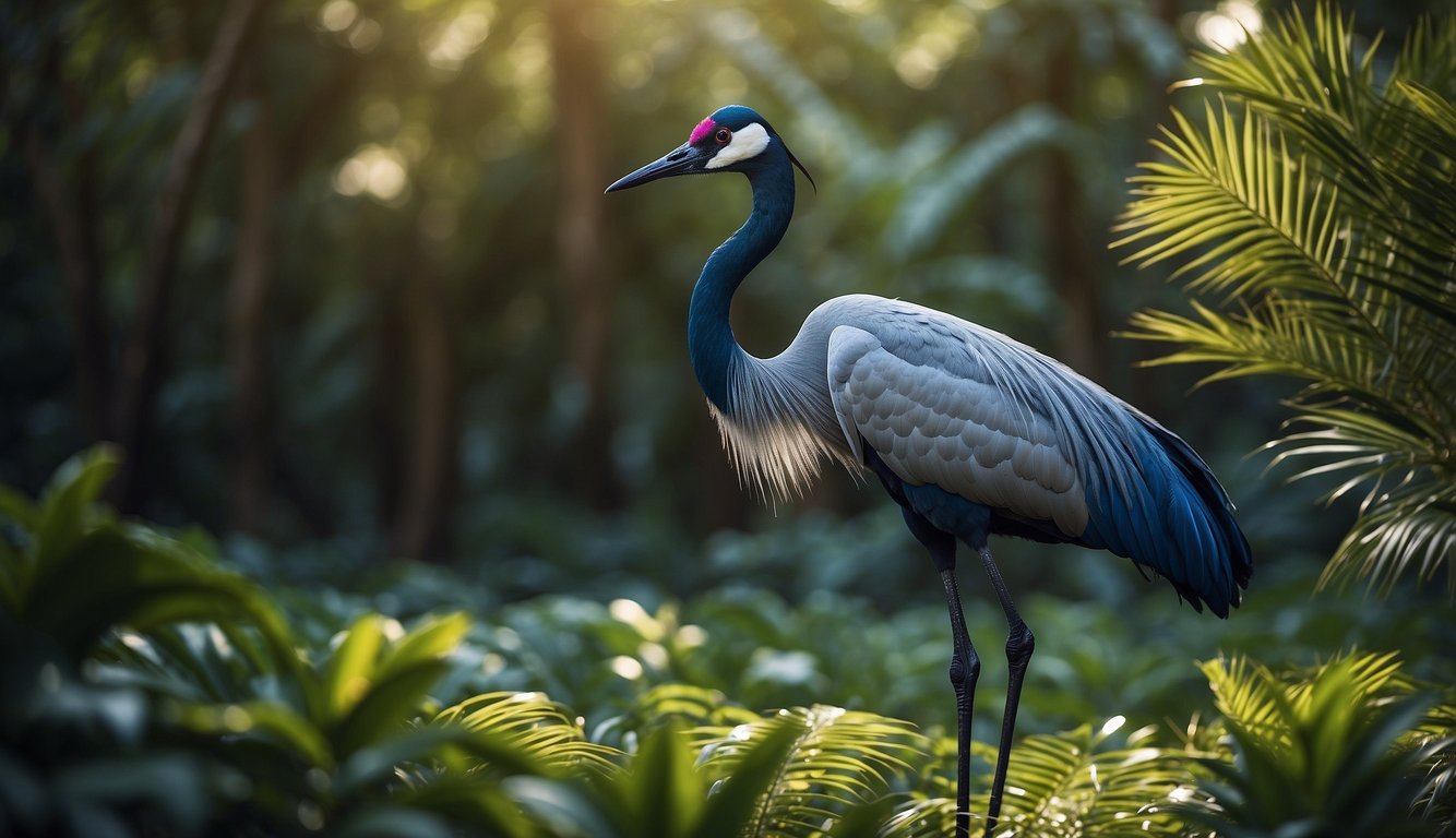 An electric-blue crane spreads its vibrant plumage, standing amidst a lush, tropical landscape.

The bird's feathers shimmer with iridescent hues, creating a dazzling spectacle in the sunlight