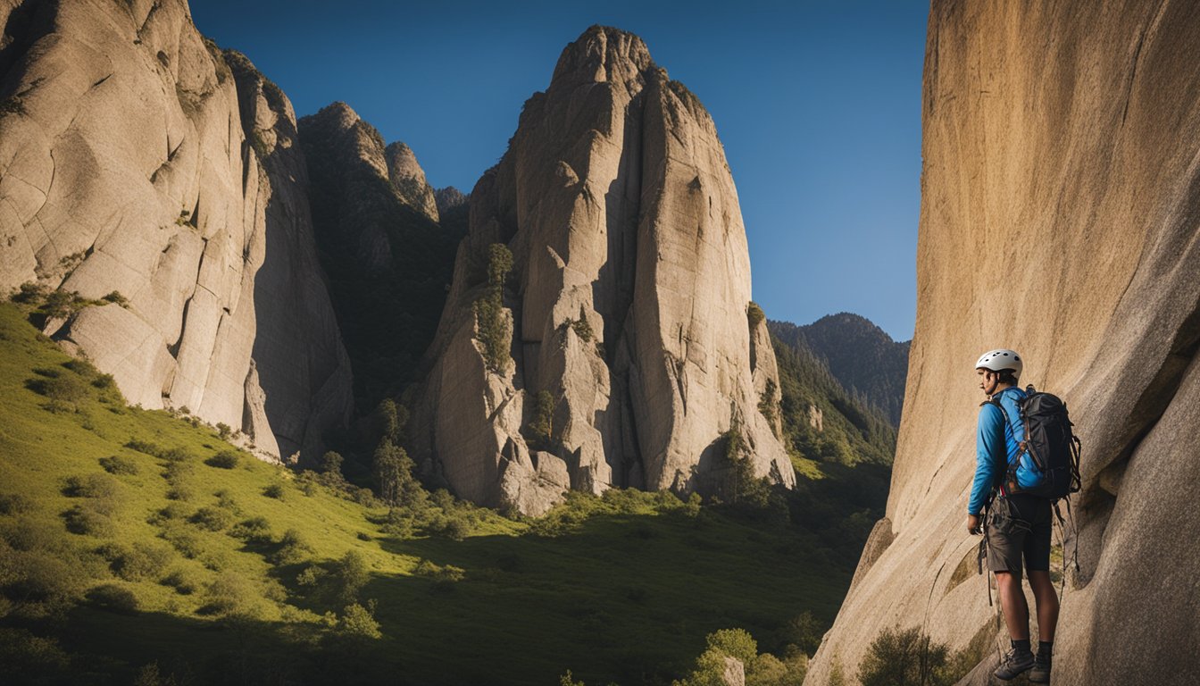 A lone figure stands at the base of a towering rock wall, studying the route ahead and checking their gear before embarking on a challenging solo climb