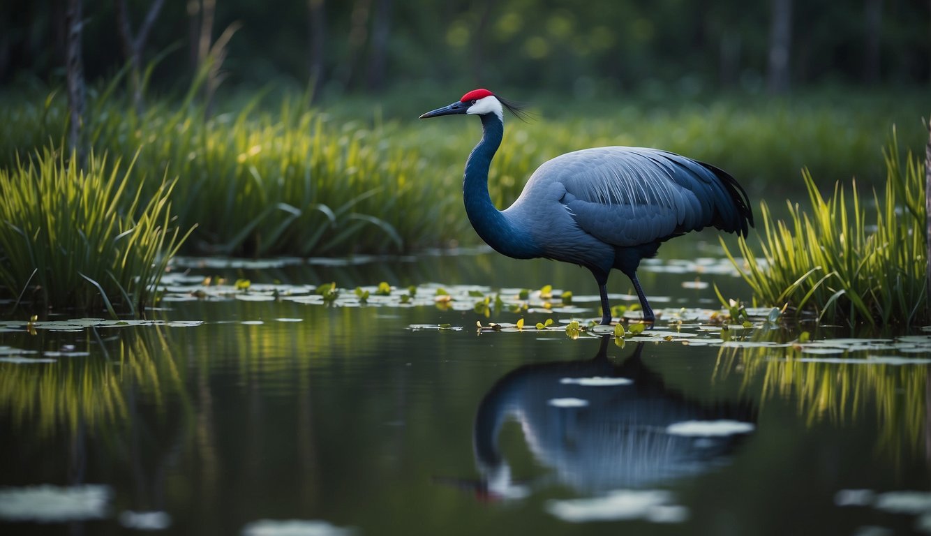 The electric-blue crane stands gracefully among lush green wetlands, its plumage emitting a vibrant, electrifying glow.

The surrounding ecosystem teems with life, from colorful fish to delicate water lilies