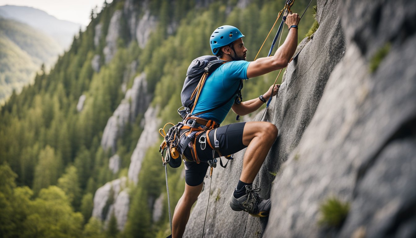 A climber scales a steep rock face, using precise hand and foot placements. Safety equipment dangles from their harness