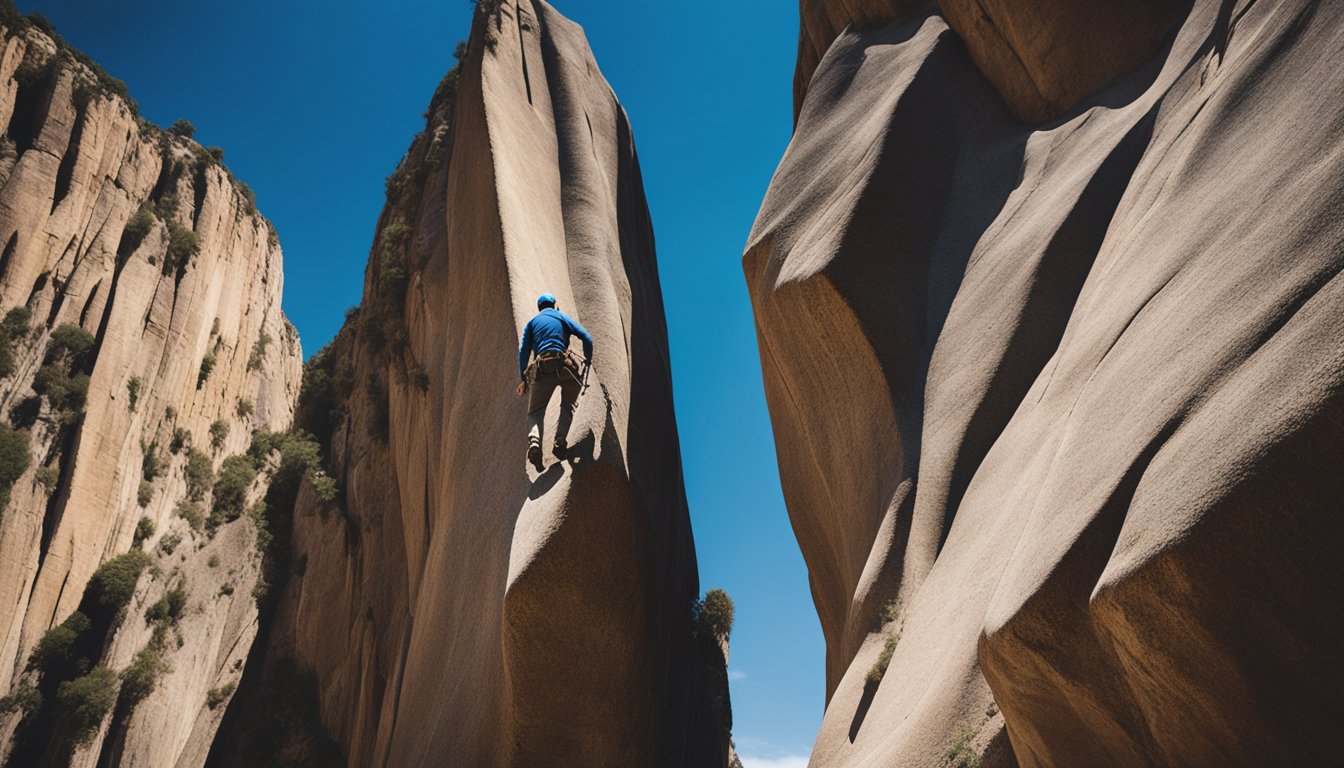 A lone figure scales a steep rock face, meticulously checking each handhold and foothold for stability. The climber is surrounded by rugged terrain and towering cliffs, with a clear blue sky overhead