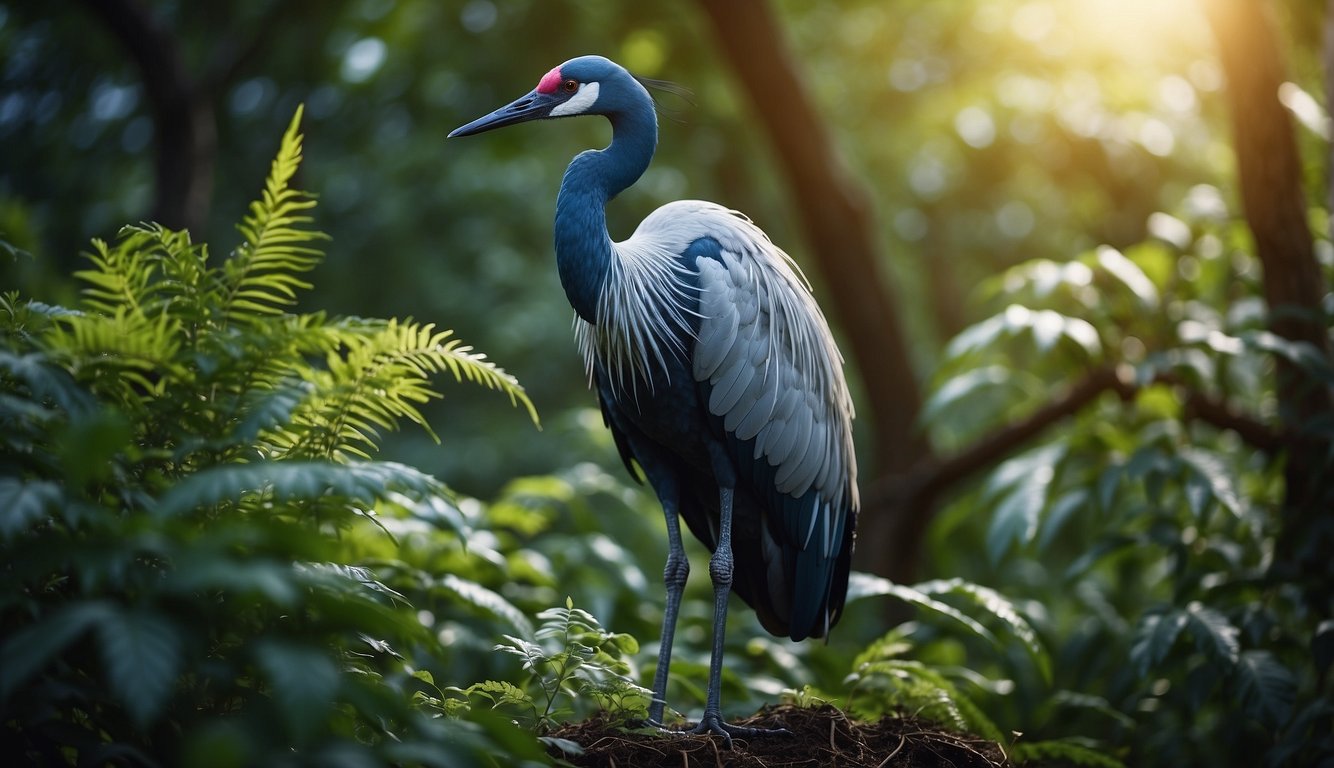 The electric-blue crane stands tall amidst lush greenery, its vibrant plumage capturing the sunlight, radiating energy and vitality