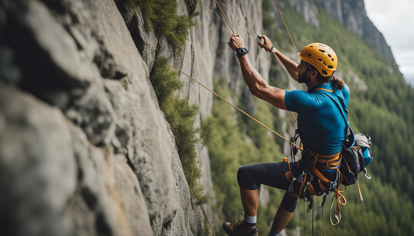 A climber scales a steep rock wall, focusing on balance and strength. Mental focus is evident as they carefully plan each move