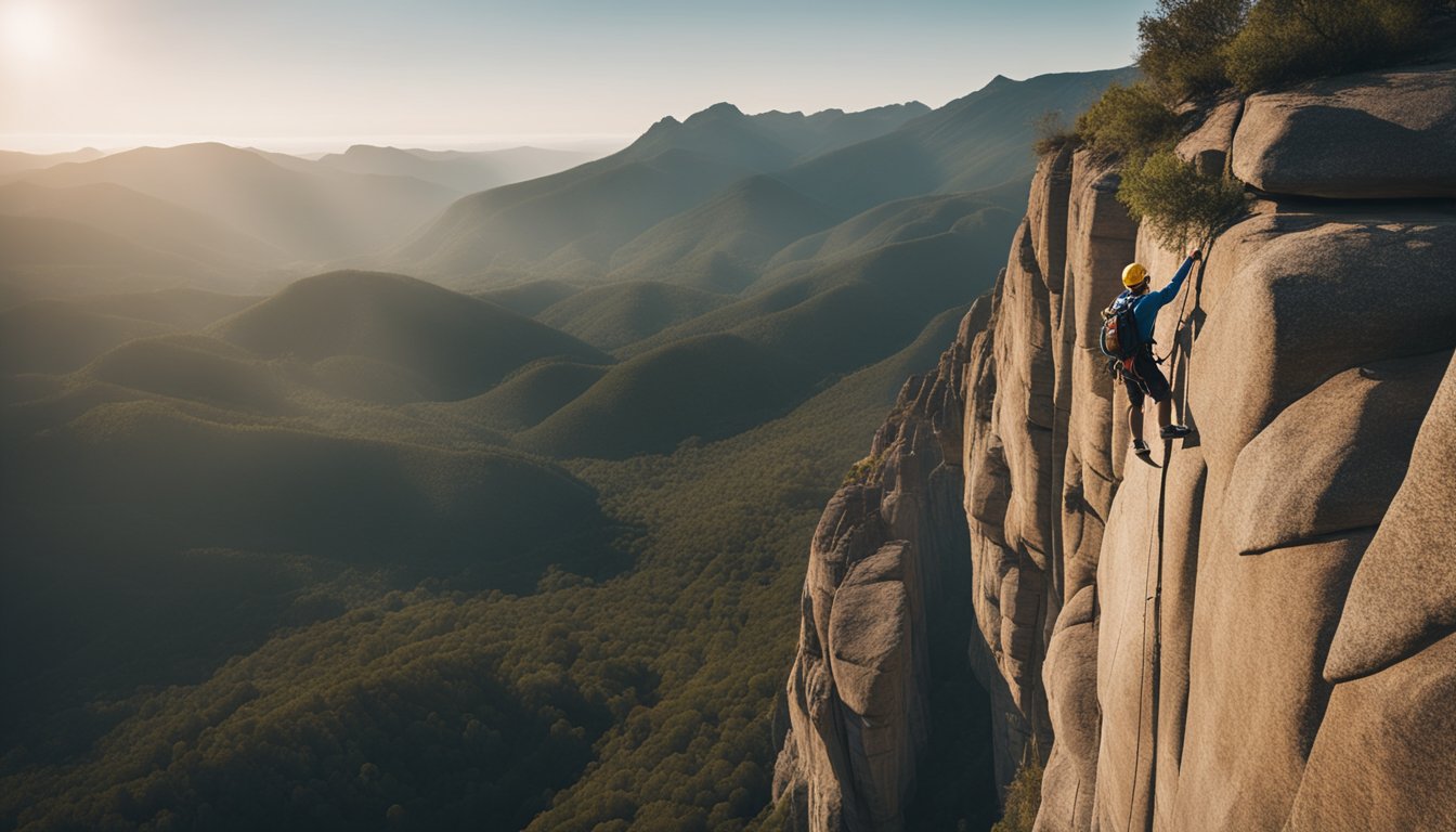 A lone climber scales a rugged cliff face, surrounded by towering rock formations and a vast expanse of untouched wilderness