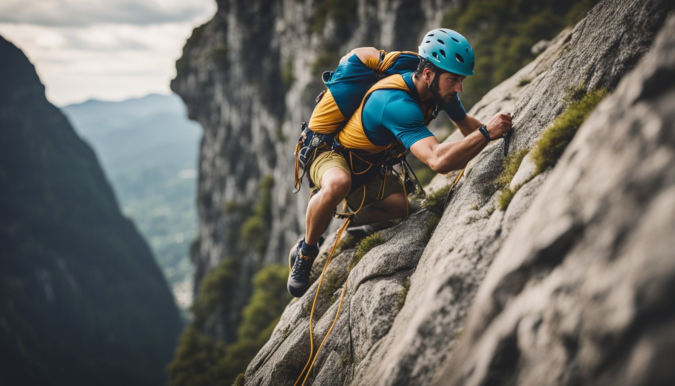 A lone climber scales a steep rock face, using ropes and gear from the Solo Climbing Guide