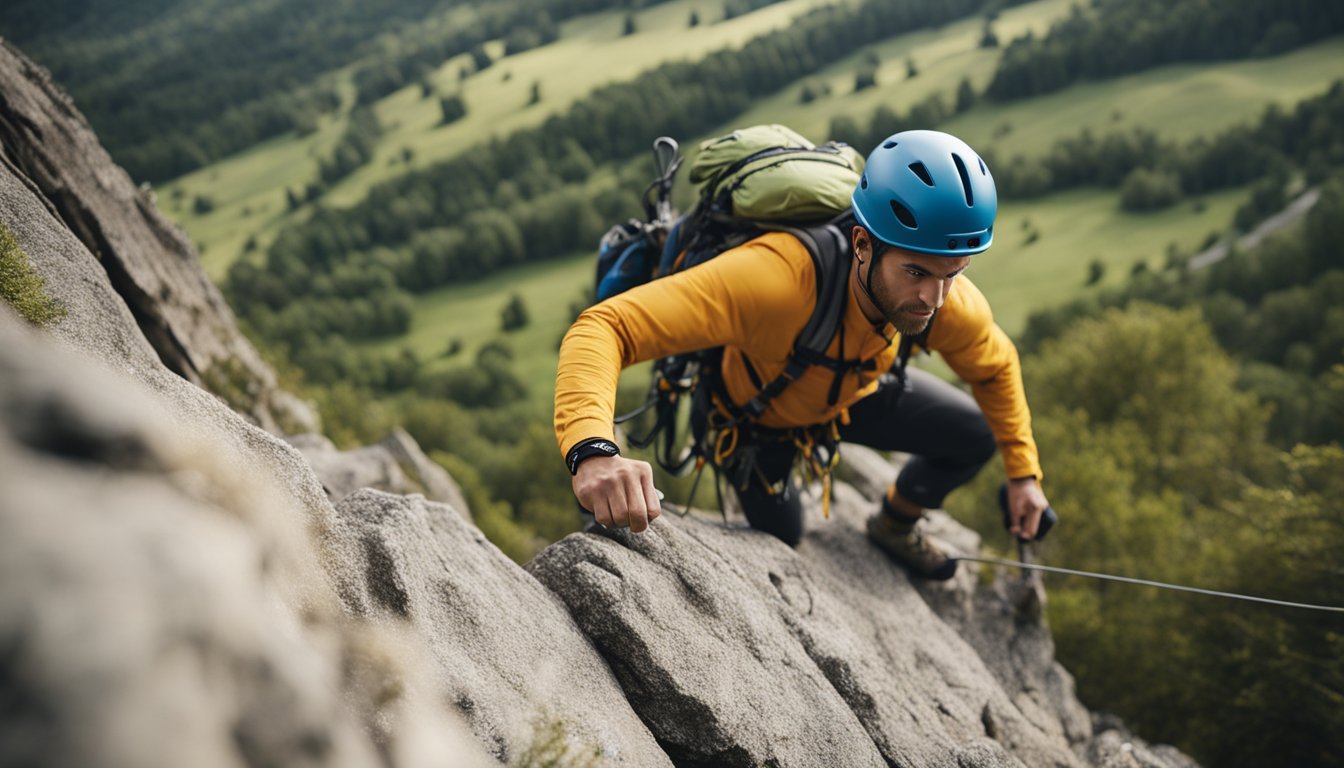 A lone climber scales a steep rock face, securing gear and navigating challenging terrain with focus and determination