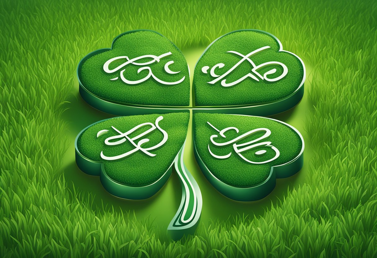 A four-leaf clover nestled among a field of vibrant green grass, with the words "Good luck" written in elegant script above it