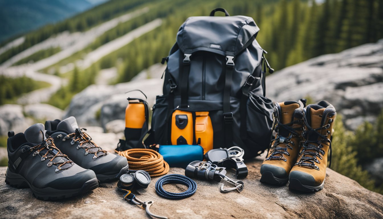 A rock climber's gear laid out next to a rugged trail, with a backpack, rope, harness, and climbing shoes, surrounded by a beautiful mountainous landscape