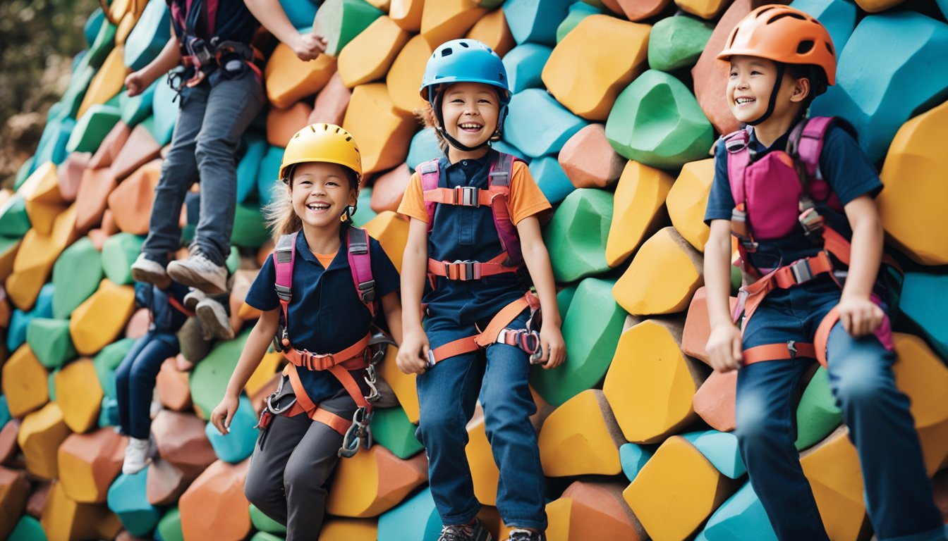 Children scaling colorful rock wall, smiling and laughing. Safety harnesses secure them as they conquer new heights, building strength and confidence