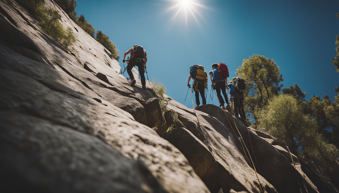 Climbers wait their turn, communicate clearly, and respect others' space while climbing. They follow established routes and clean up after themselves