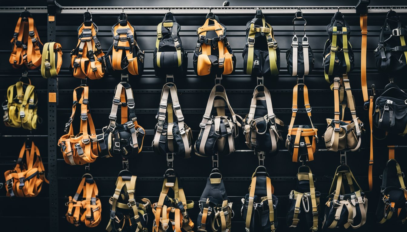 A variety of climbing harnesses displayed on a rack, with different sizes and styles to choose from. Labels and descriptions provide information for selecting the right harness