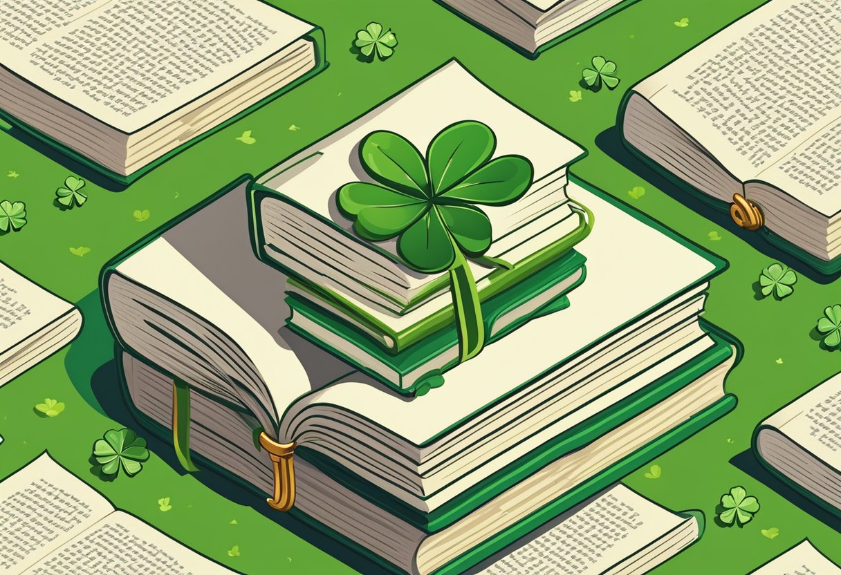 A stack of open books with "good luck quotes" on the pages, surrounded by four-leaf clovers and a shining horseshoe