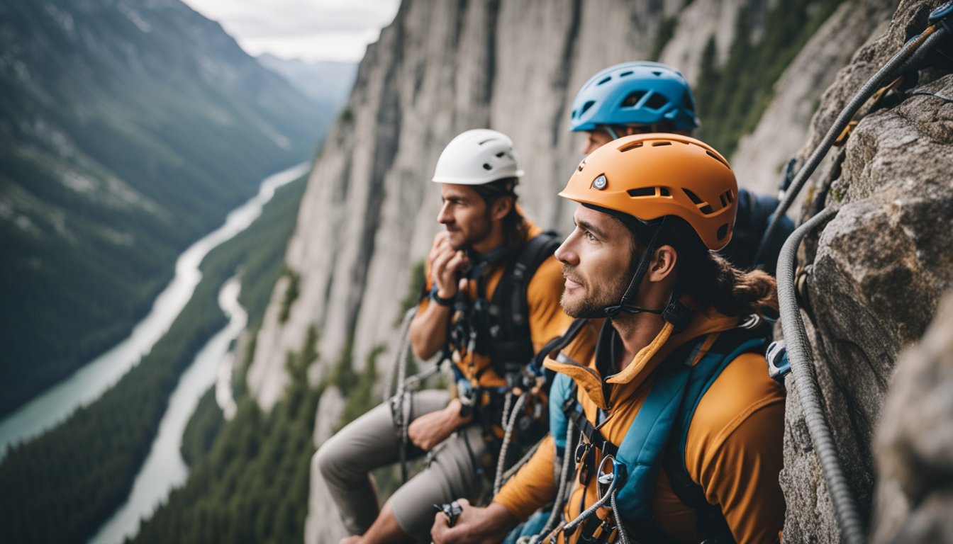 A climber securing their harness, checking gear, and communicating with a partner before ascending a rock face