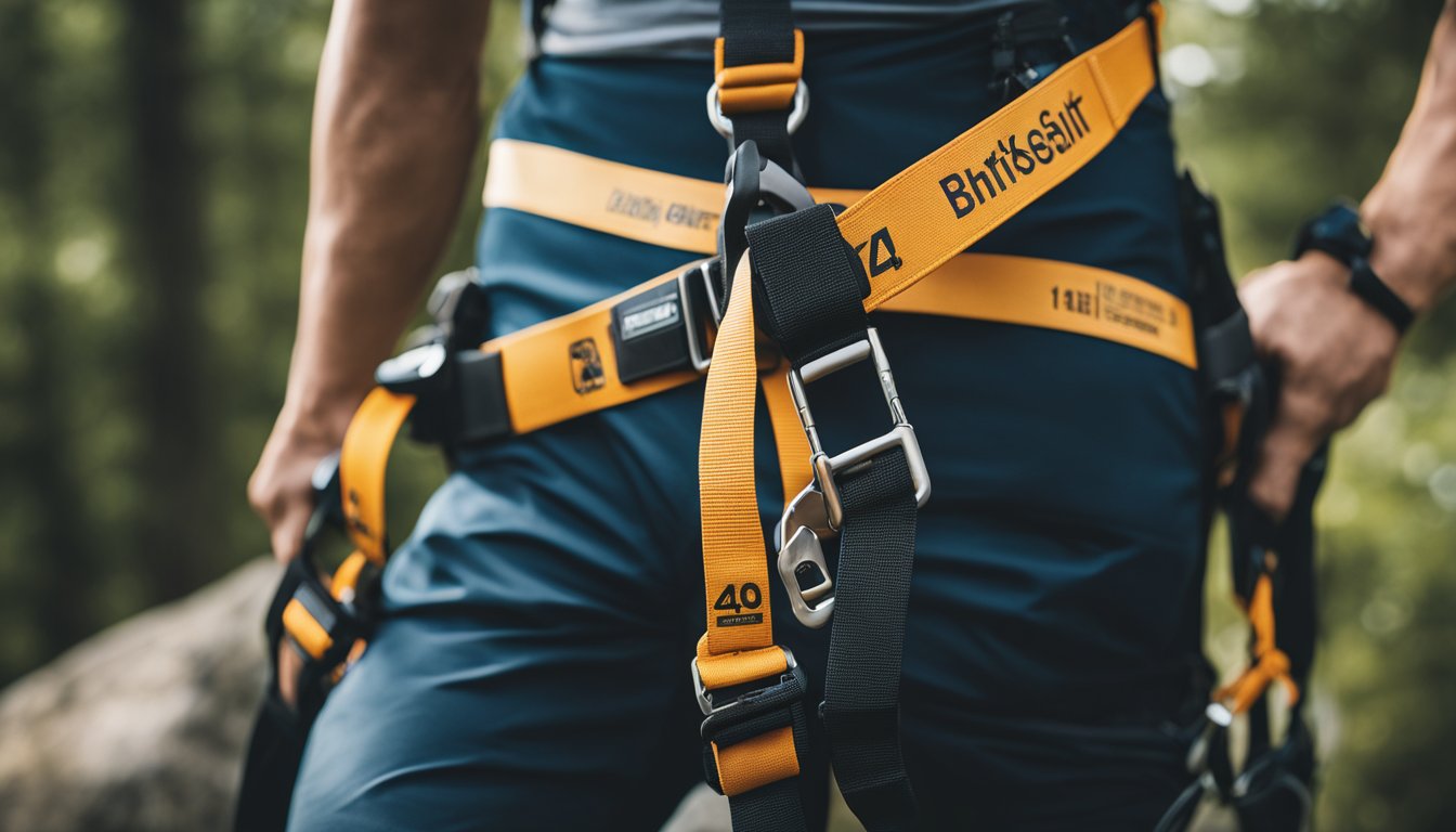 A climbing harness hangs from a hook, with adjustable straps and sturdy buckles. The label displays sizing information and fit guidelines