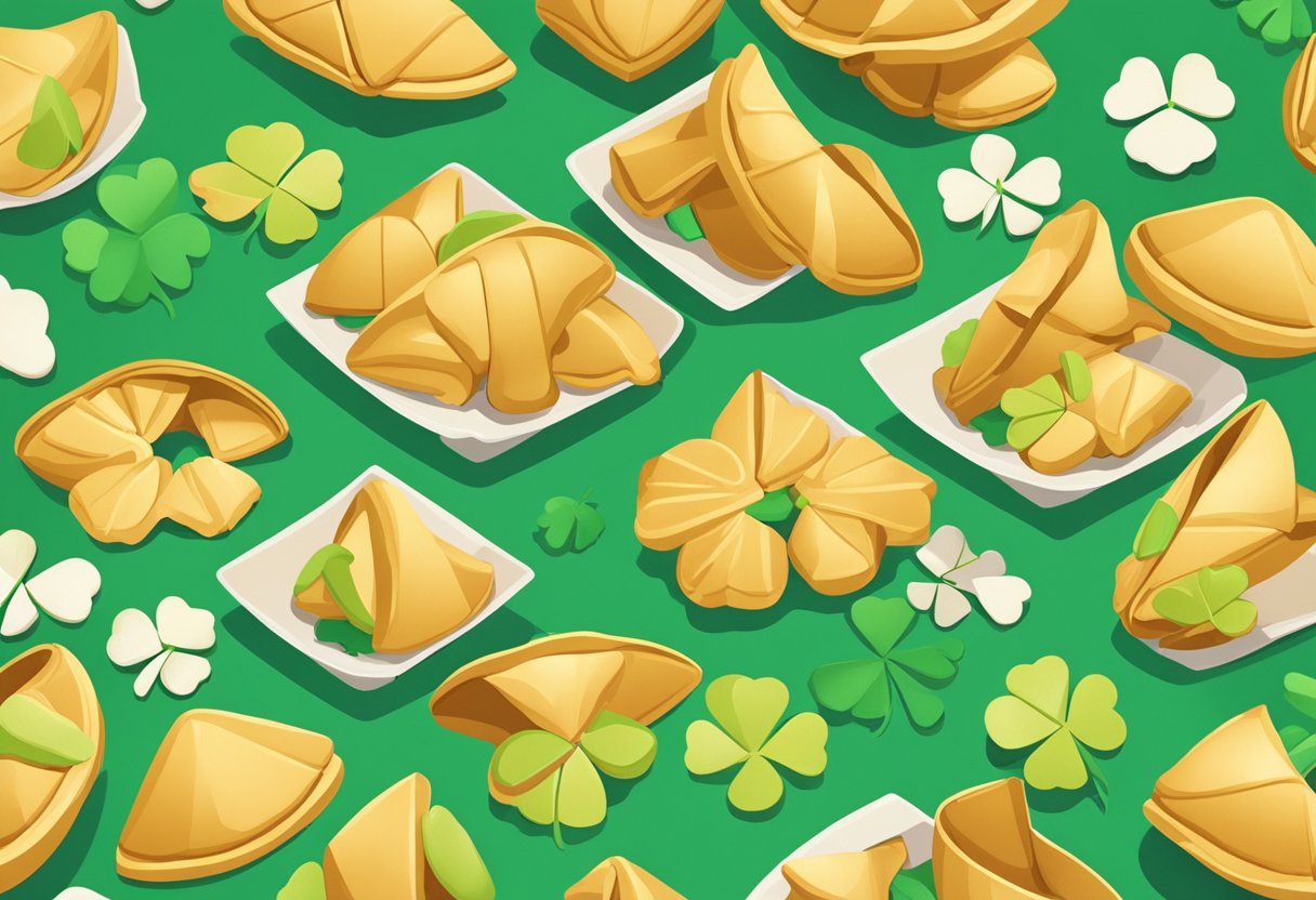 A pile of open fortune cookies with uplifting messages inside, scattered on a table. A four-leaf clover and a horseshoe are placed nearby for good luck symbolism