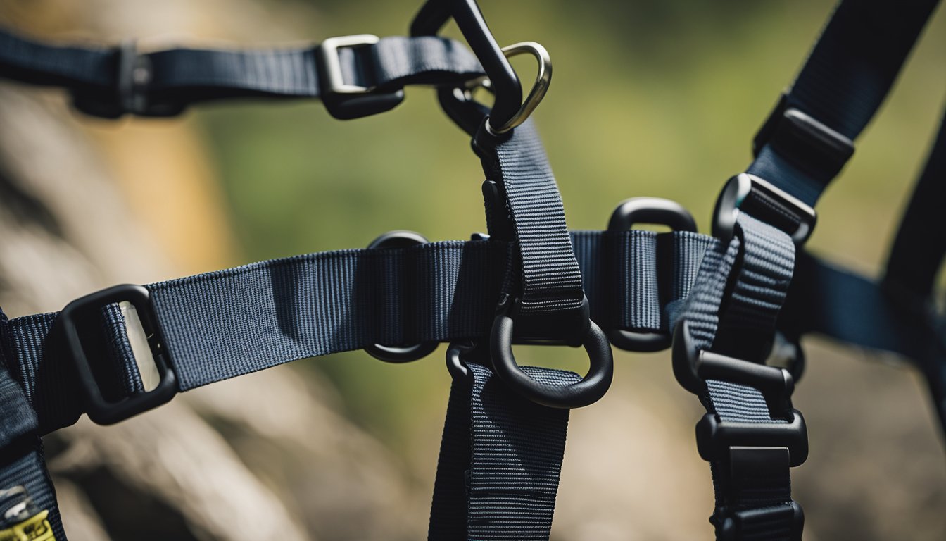 A climbing harness hangs from a sturdy hook, with adjustable straps and reinforced loops for gear attachment. The material is durable and weather-resistant, with clear labeling for easy identification