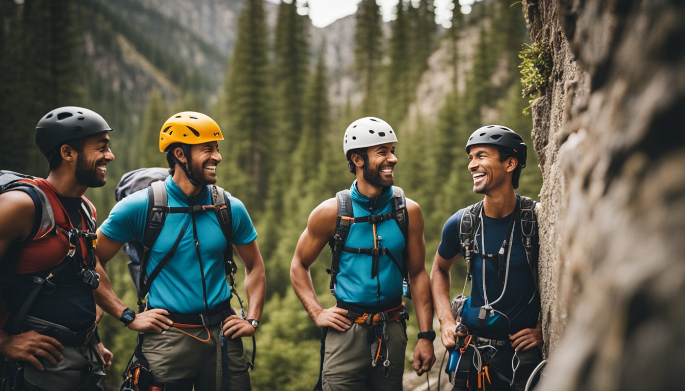 A diverse group of climbers chat and laugh while sharing gear and helping each other on the wall. They communicate and respect each other's space