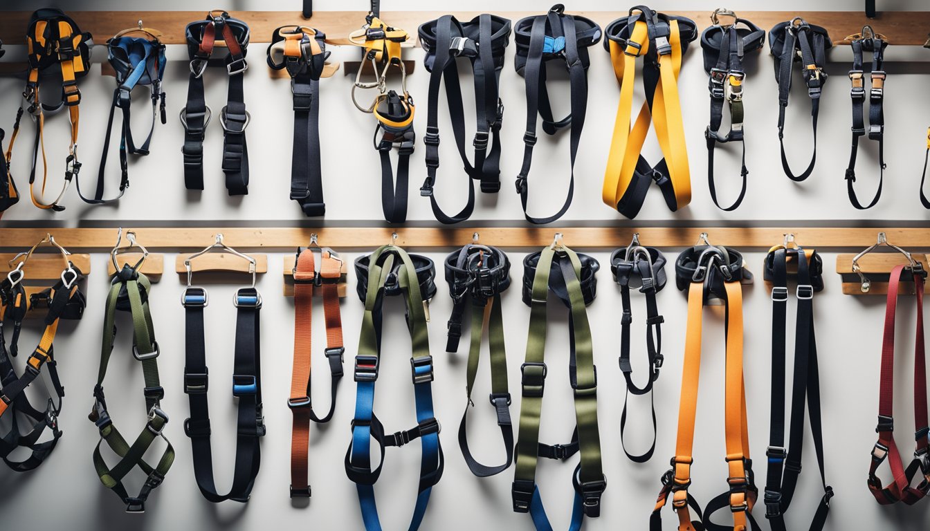 A variety of climbing harnesses are displayed on a wall, with different styles and features to cater to various climbing disciplines