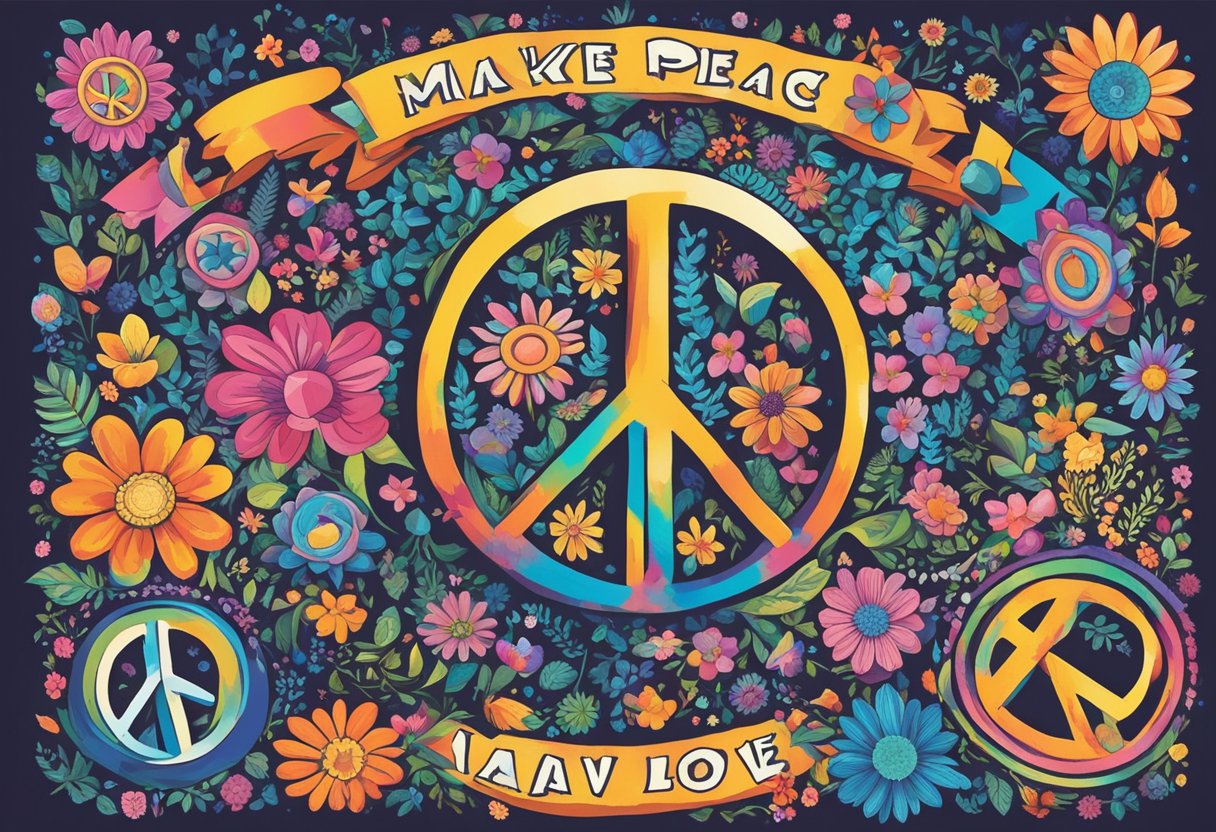 Colorful flowers, peace signs, and tie-dye banners adorn a bohemian space, with "Make love, not war" and "Peace, love, and happiness" quotes displayed