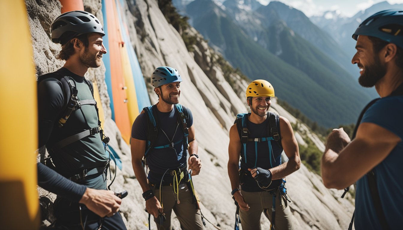 Climbers exchanging advice on route selection and safety. Demonstrating proper communication and respect for others on the wall