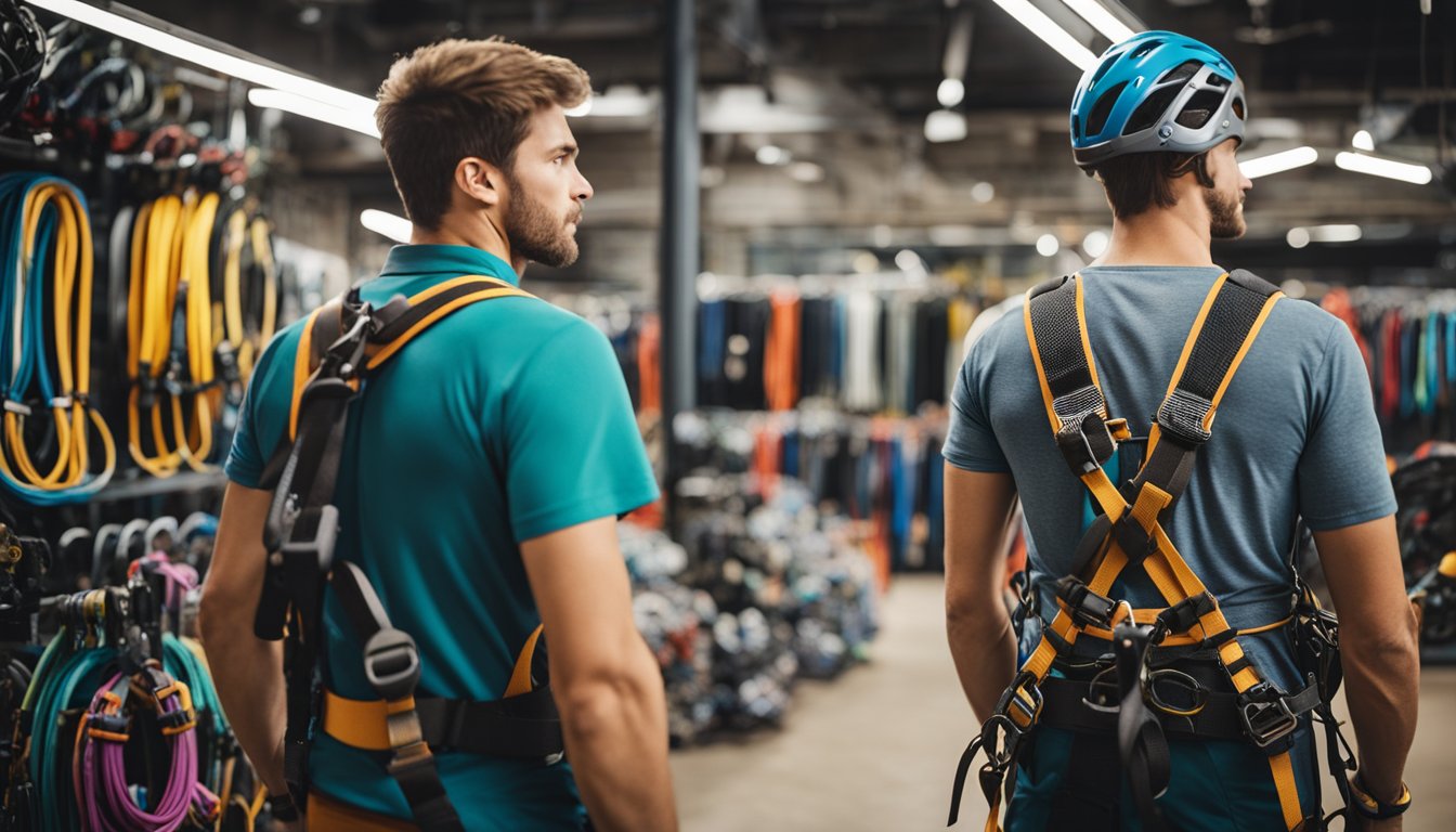 A climber stands in a gear shop, comparing different climbing harnesses. The colorful and adjustable options display comfort and mobility for various climbing styles