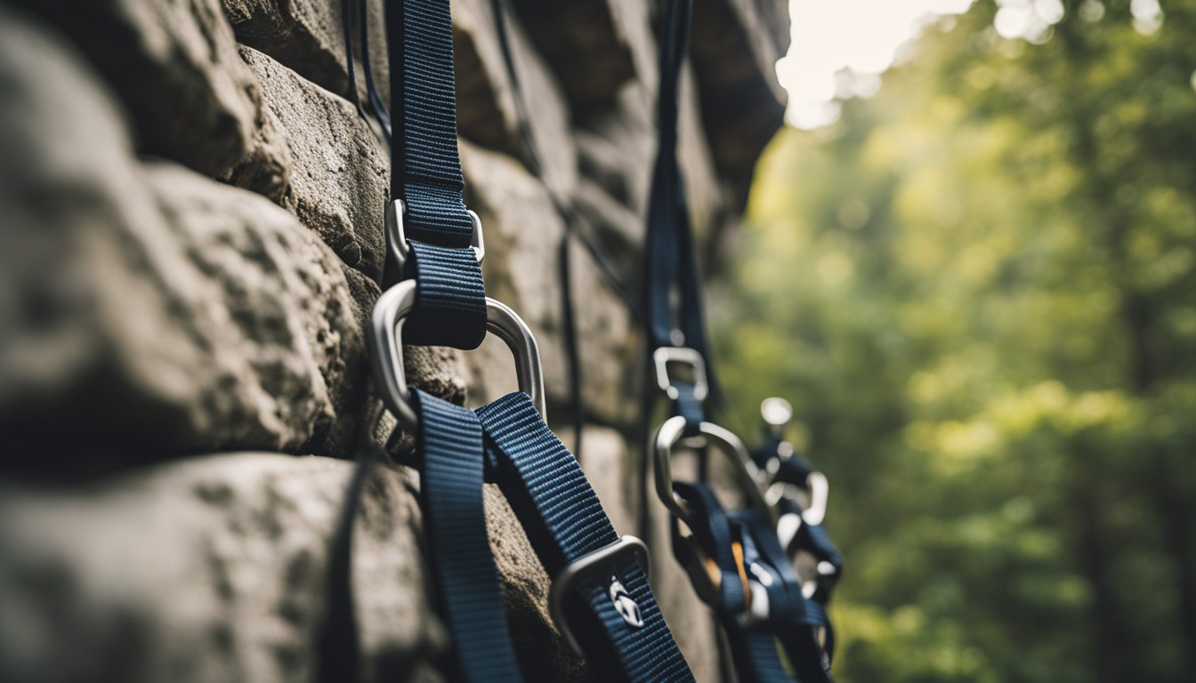 A climbing harness hangs against a rock wall, with safety ratings and features highlighted