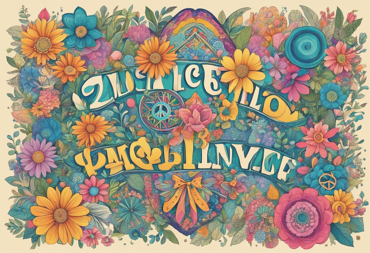 A colorful, bohemian-inspired collage of flowers, peace signs, and tie-dye patterns with quotes in various fonts and sizes