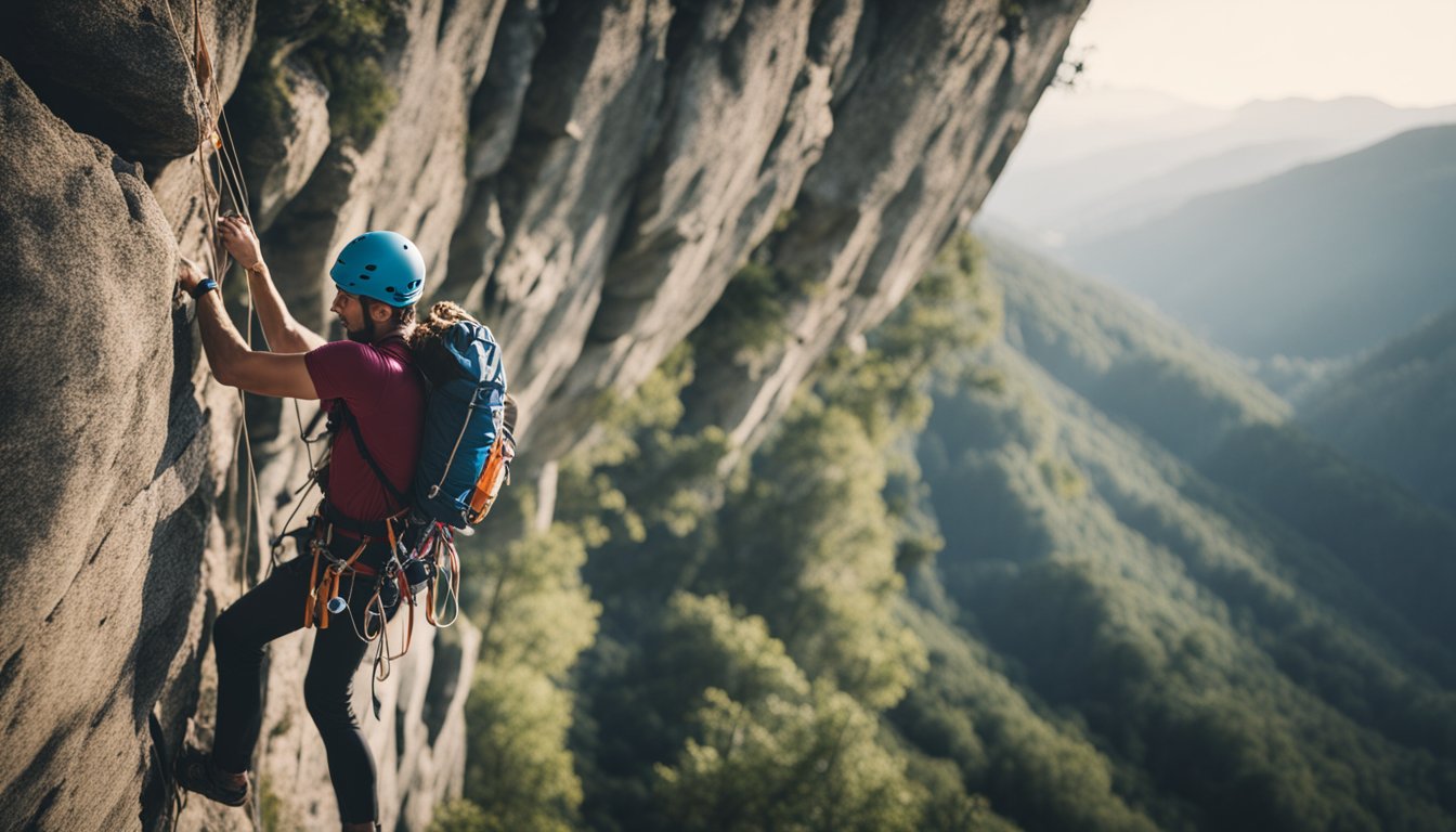 A climber ascends a rocky wall, carefully following the established climbing route, respecting the etiquette of the sport