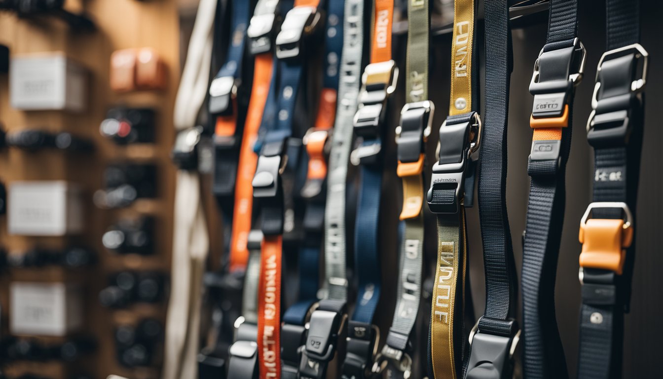 Various harness models and brands displayed on a store wall. Labels and features clearly visible. Bright lighting and clean backdrop