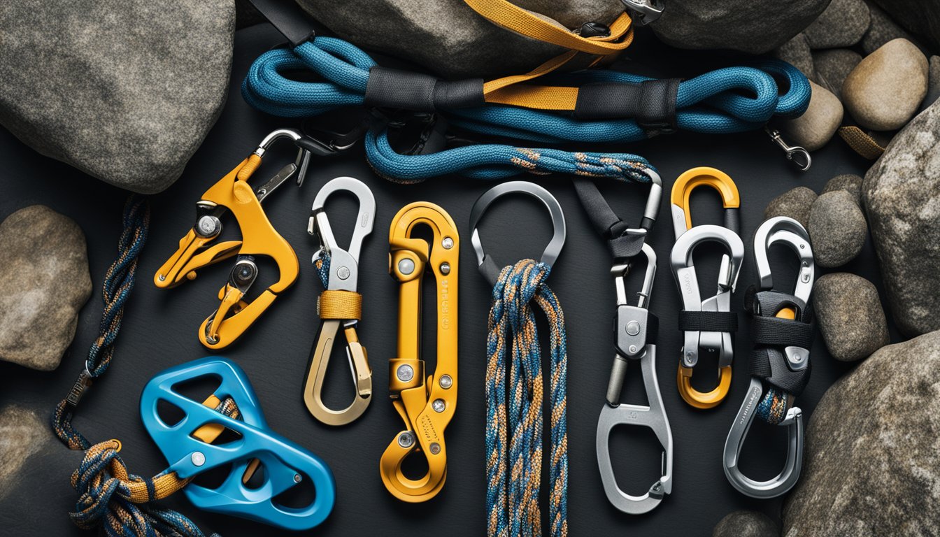 Climbing gear neatly organized at base of rock face. Ropes, carabiners, and harnesses laid out with care. Awareness of shared space evident