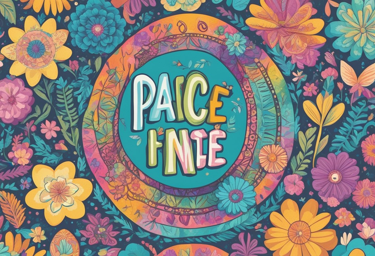 A colorful, bohemian-inspired background with peace signs, tie-dye patterns, and flowers. A vintage font displays the quote list in a whimsical, free-spirited style