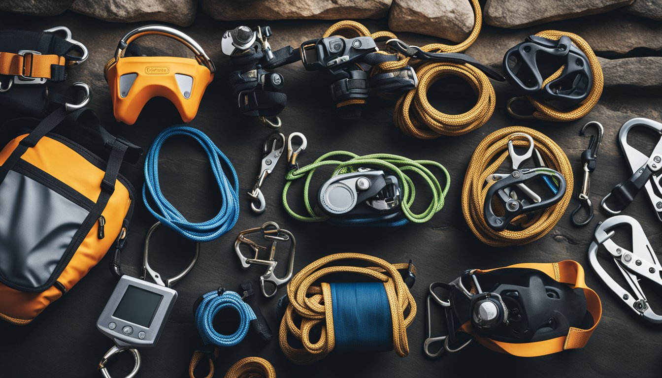 A variety of climbing harnesses, carabiners, and ropes displayed on a rock wall backdrop with a guidebook and safety gear nearby