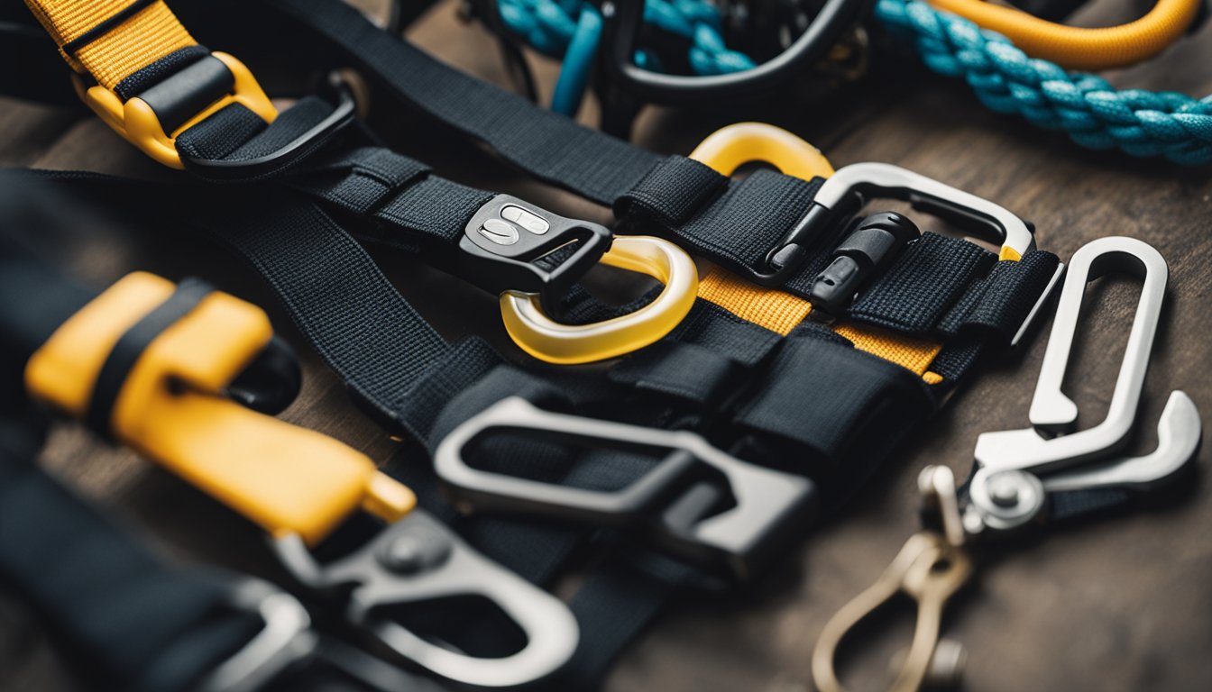 A climbing harness hangs on a hook, surrounded by gear for maintenance. Instruction manual lies nearby